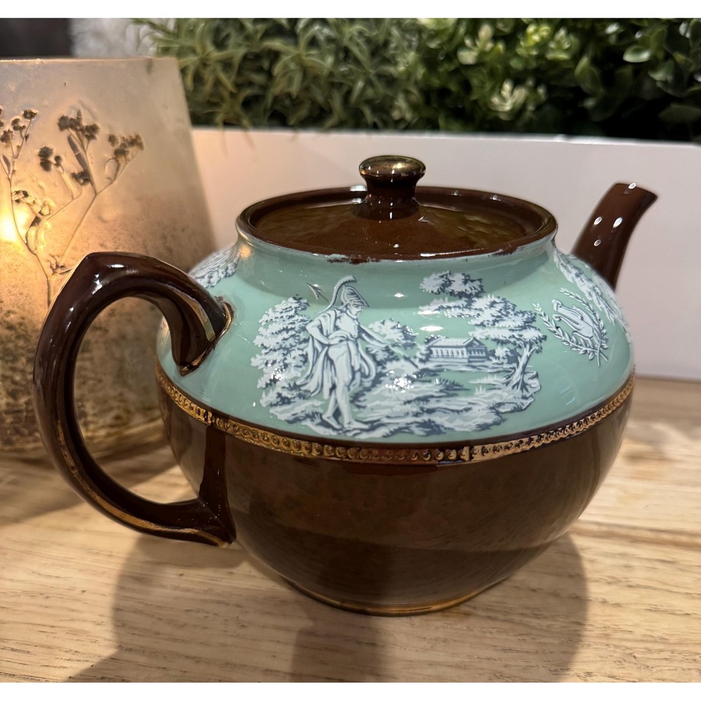 Sadler Staffordshire Teapot – Greek Design Brown & Mint Green Vintage Porcelain